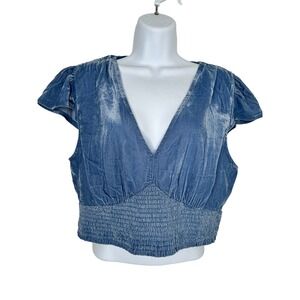 Aerie Velvet Smocked Top Large Blue Deep V-Neck Flutter Sleeve Boho Crop Blouse